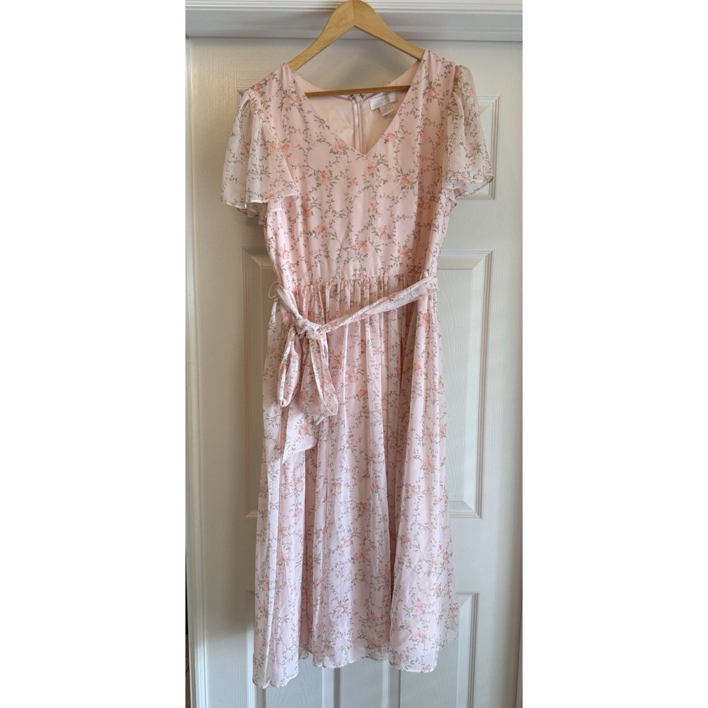 Rachel Parcell Floral Midi Dress Womens Large Pink Flutter Sleeve Chiffon Belted
